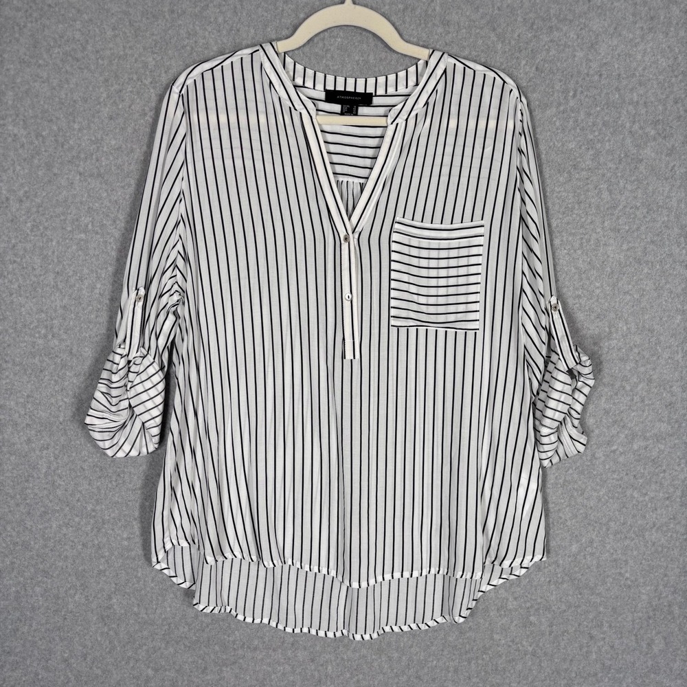 Atmosphere Popover Blouse 14 White Black Striped‎ Minimalist Neutral Career Work